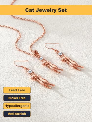 U7 Cat Pendant Necklace for Women Stainless Steel Cute Kitty Cat Jewelry Gift - style: Rose Gold(Necklace+Earrings)