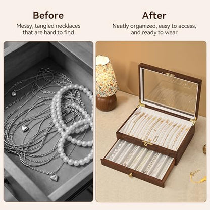 Black Walnut Lockable Necklace Box, Wooden Jewelry Organizer Case for Women | 2 Layer, Drawer, Solid Wood, Lock Key, Necklace Holder, Jewelry Display, Glass Lid, Handcraft, Velvet Line, Gift for Girl Mom - color: 2 Layer Full Lock Necklace Box