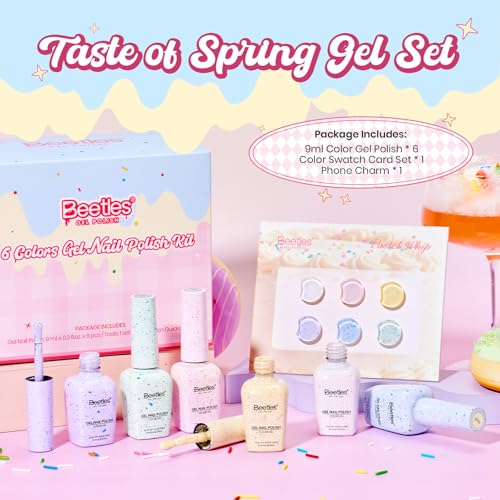 Beetles Pastel Gel Nail Polish Set, 6 Shimmer Colors, UV/LED, 9ml Each | 6 Soft Glitter Shades for Nail Art, With 6 9Ml Color Gels, A Themed Charm Bracelet - color: Easter Pastel Whip