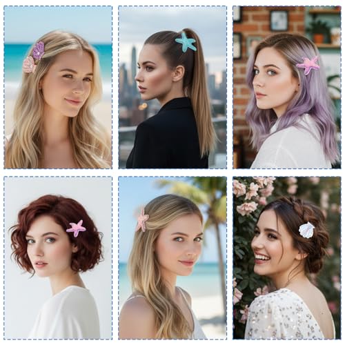 8pcs Glitter Seashell Hair Clip,Starfish Hair Clips Set,Little Mermaid Hairs Accessories,Cute Starfish Hairs Accessories for Girls,Beach Sea Star Hairpins for Women Girls
