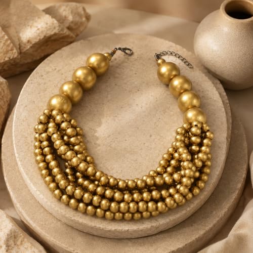 Handmade Layered Wood Bead Necklace for Women - Chunky African Statement Necklace, Natural Khaki Beaded Jewelry, Hypoallergenic & Skin-Safe for Sensitive Skin, Boho Rainbow Inspired Chunky Collar Necklace - color: Matte Gold