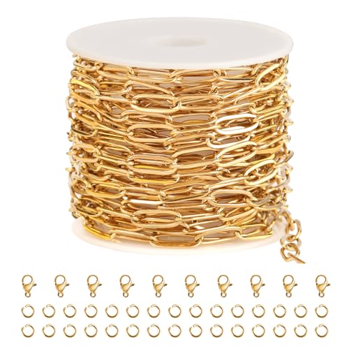 SMYHTGLIF 5 Meters Gold Chain Bulk for Jewelry Making Stainless Steel Chain | Cable Jewelry Making Chains Craft Chain Roll with Lobster Clasps and Open Jump Rings - color: Gold, size: 4×12mm