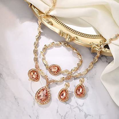 Womens Africa 18k Gold Plated Jewelry Set Crystal Rhinestones Petals Teardrop Cluster Bib Statement Necklace Link Bracelet Dangle Earrings Ring for Prom - color: 06-Peach Rose-Gold-Plated-Base