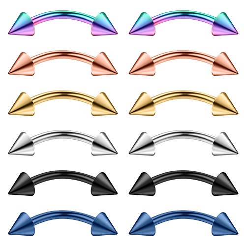 Ruifan 12PCS 14G Surgical Steel Eyebrow Ear Navel Belly Lip Ring Body Piercing Jewelry - style: 12mm w Spikes