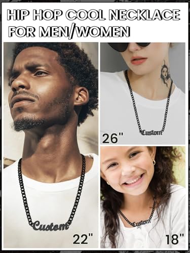 GoldChic JEWELRY Name Necklace Personalized for Men, Womens Custom Name Plate Chain, Stainless Steel Customized Old English Nameplate Choker with Curb Chains Custom, 16 inches to 30 inches - color: Cuban Chain 6 mm -Black