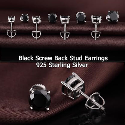 Jiamiaoi Stud Earrings Screw Back Sterling Silver Cubic Zirconia Stud Earrings Set 4 Millimeters-8 Millimeters Nickle Free Hypoallergenic Earring Studs - color: C-Round Black, size: 5mm