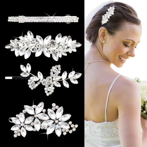4Pcs Rhinestone Bridal Hair Clip, Crystal and Pearl Wedding Hair Clips, Sparkling Party Accessories Elegant Barrette for Bridemaids Flower Girl