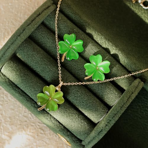 Gold Silver Stud Earrings Pendent Necklace Sets for Women, Dainty Rhinestone Crystal Necklace Earing Jewelry Set Wedding Accessories Fashion Holiday Gift - color: Green Four Leaf Clover St. Patrick's Day