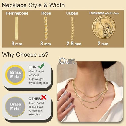 Freekiss Layered Necklace Set for Women Stackable | Herringbone Snake Cuban Rope Chain, Dainty Choker, Layered Stackable, Non Tarnish, Hypoallergenic, Adjustable 14-18.5" - color: Gold, style: 3Snake+Rope+Cuban