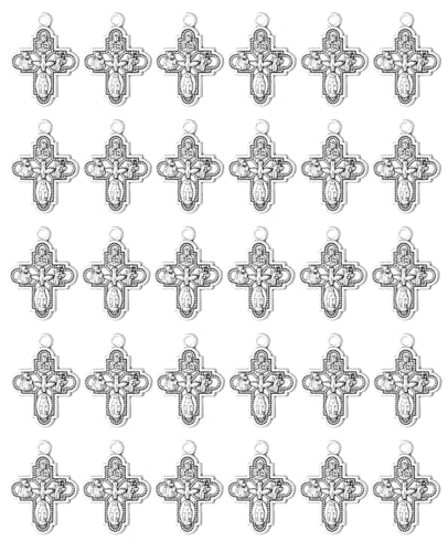 Saint Therese of Lisieux/Saint Mother Teresa of Calcutta/Divine Mercy Jesus/Mater Dolorosa Patron Saint Medal Charm Pendant for DIY Rosary Necklace Bracelet Jewelry Making Part - color: 30pcs-Four Way Cross medal
