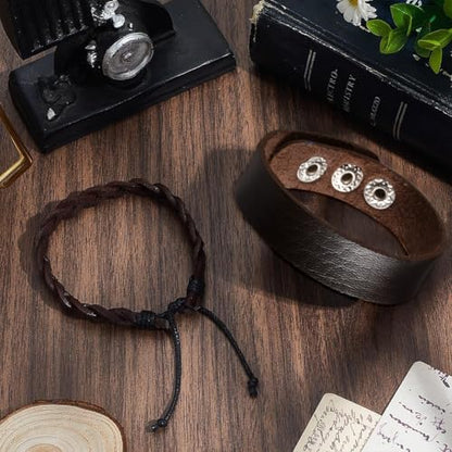 2 Styles Cowhide Wide Cuff Wrap Adjustable Genuine Leather Bracelets Brown Braided Rustic Leather Wrist Band Vintage Rope Bracelet Wristband for Men Women Daily Wear Costume Party Gift - style: 2 styles 2