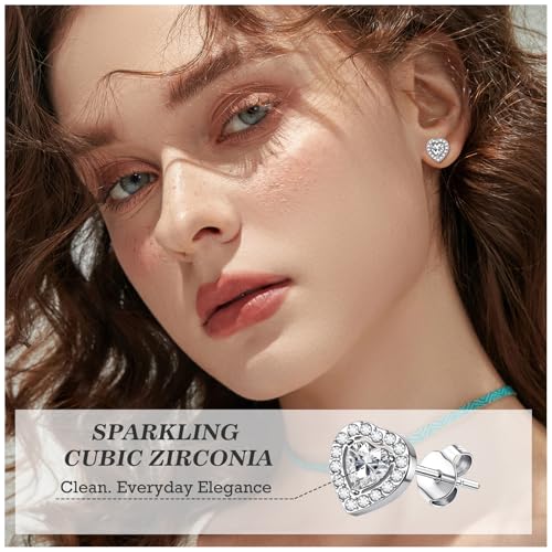 ONESING 6 Pairs Stud Earrings for Women 14K Gold/Silver Plated Hypoallergenic Cubic Zirconia Earrings Studs Stianless Round Square Heart CZ Stud Earrings Set for Women Men - color: Silver