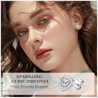 ONESING 6 Pairs Stud Earrings for Women 14K Gold/Silver Plated Hypoallergenic Cubic Zirconia Earrings Studs Stianless Round Square Heart CZ Stud Earrings Set for Women Men - color: Silver