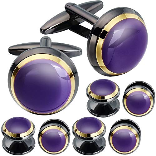 HAWSON Cufflinks and Studs for Men-Fashion Men Vintage Enamel Carbon Fiber Tuxedo Shirt Cufflinks and Studs Set for Regular Wedding Business Accessories - color: purple enamel