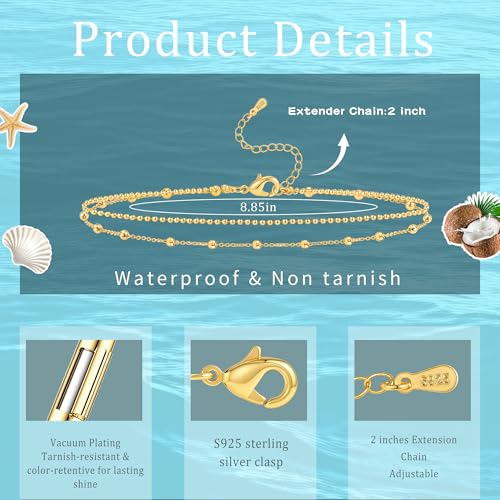 Sterling Silver Ankle Bracelets for Women Gold Waterproof Layered Stackable Dainty Cute Bead Chain Non Tarnish Adjustable Anklet Bracelet for Summer Beach Jewelry Gift - color: silver-A