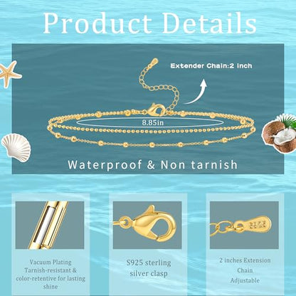 Sterling Silver Ankle Bracelets for Women Gold Waterproof Layered Stackable Dainty Cute Bead Chain Non Tarnish Adjustable Anklet Bracelet for Summer Beach Jewelry Gift - color: silver-A