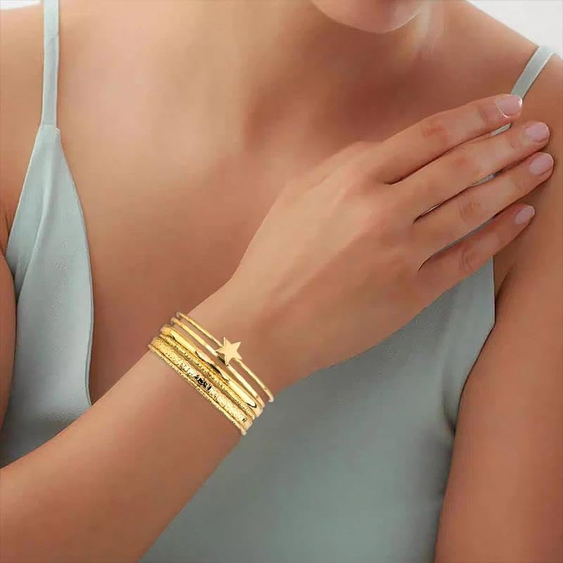 Gold Layer Bangle Bracelets for Women Dainty Star Charm Half Open Cuff Multi Textured Bangles Adjustable Stackable Hand Chain Non Tarnish Punk Statement Jewelry Boho Beach Jewelry Stacked