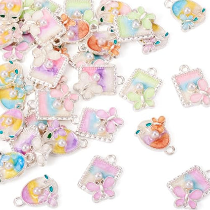 32Pcs Alloy Enamel Butterfly Charms Silver Plated Oval & Rectangle Floral with Imitation Pearl Bead Charms 3D French Style Oil Painting Pendants for Bracelet Necklace Earring - color: Silver Plated, 8 Colors