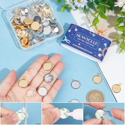 SUNNYCLUE 1 Box 120Pcs Blank Dome Pendant Making Kit Cabochon Settings Bezel Pendant Blanks Memorial Photo Charm Transparent Glass Cabochons with Round Pendant Trays for Jewelry Making DIY Findings - color: Round Mixed Color Stainless Steel Cabochon Setti
