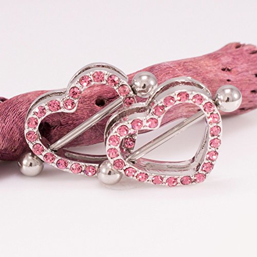 14G Stainless Steel CZ Paved Heart Nipple Rings Nipple Piercing Jewelry for Women 7/8 Inch 22mm - color: Silver - Pink CZ