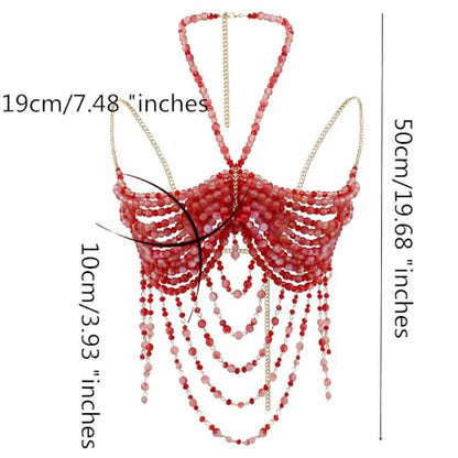 Red Beaded Bra, Body Chain Jewelry, Festival/Burlesque Costume