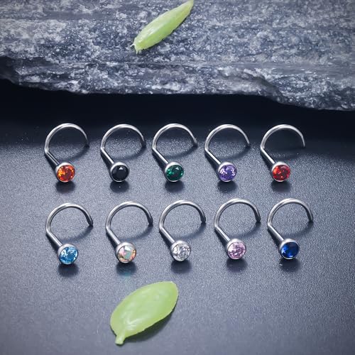 Ruifan ASTM F136 Titanium Nose Rings 18G 20G 22G Jeweled Mix Color Cubic Zirconia Nose Studs Ring Screw L-Shaped Bone Hypoallergenic Body Piercing Jewelry for Women 1.5mm 2mm 2.5mm 3mm 10PCS - style: Screw:18G(1.0mm)-3mm CZ