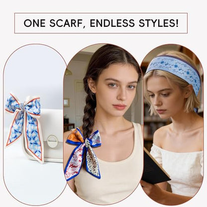 ZXZH 6 Pack Fashion Scarves for Women, Versatile Boho Head Scarf | Satin Scarf for Hair, Neck, Wrist, and Purse Accessories - color: Cognac Botanical Mix