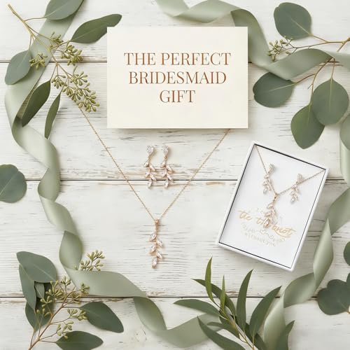 DHQH Bridesmaid Necklace Earrings Set Gifts I Couldn't Say I DO Without You Cubic Zirconia Leaf Pendant Necklace Bridesmaid Proposal Gift Set of 4 6 - color: rose-leaf-4set