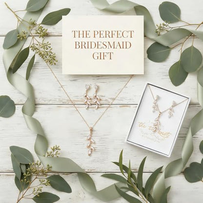 DHQH Bridesmaid Necklace Earrings Set Gifts I Couldn't Say I DO Without You Cubic Zirconia Leaf Pendant Necklace Bridesmaid Proposal Gift Set of 4 6 - color: rose-leaf-set