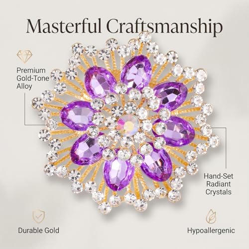 QCWN Large Flower Brooches and Pins for Women Vintage Rhinestone Sunflower Brooch Costume Jewelry Lapel Hat Pins for Wedding Dresses Bouquet Gifts - style: 1Pcs Lavender Purple