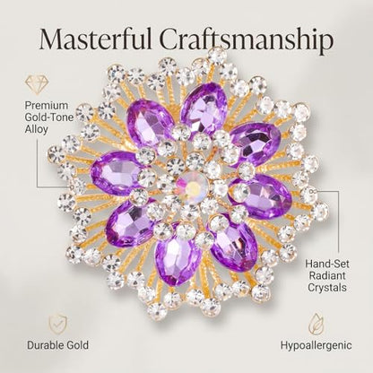 QCWN Large Flower Brooches and Pins for Women Vintage Rhinestone Sunflower Brooch Costume Jewelry Lapel Hat Pins for Wedding Dresses Bouquet Gifts - style: 1Pcs Lavender Purple