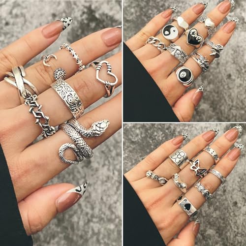 KISS WIFE Gothic Jewelry Set for Women, Necklace Earrings Rings Bracelet | Vintage silver-tone necklaces, earrings, rings and a chain bracelet feature snake, heart, butterfly and dagger designs.
