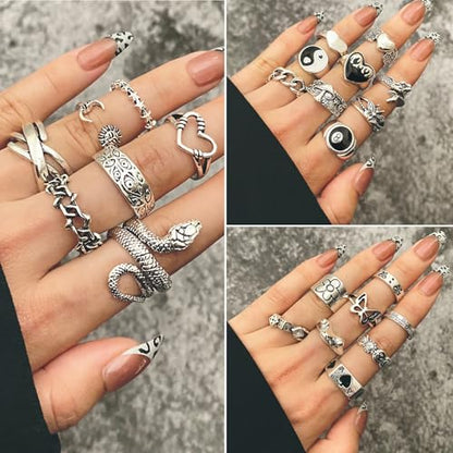 KISS WIFE Gothic Jewelry Set for Women, Necklace Earrings Rings Bracelet | Vintage silver-tone necklaces, earrings, rings and a chain bracelet feature snake, heart, butterfly and dagger designs.