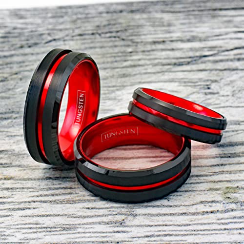 Personalized Engraved 6mm/8mm Black Tungsten Carbide Band Ring w/Fire Engine Red Stripe & Red Anodized Aluminum Inner Band feat. Comfort Fit.