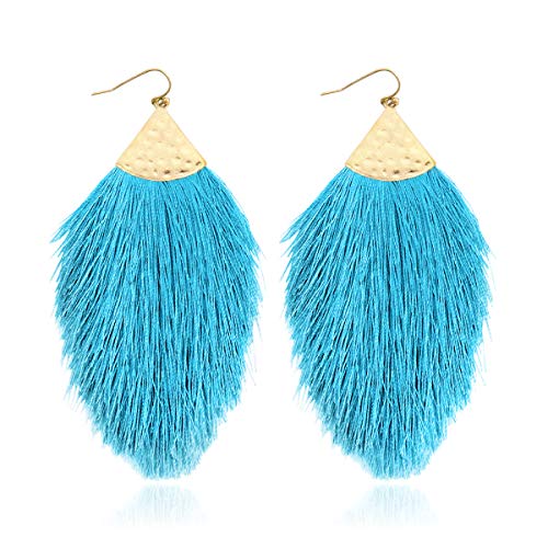 Bohemian Silky Thread Fan Fringe Tassel Statement Earrings - Lightweight Strand Feather Shape Dangles - color: Feather Fringe - Aqua Blue