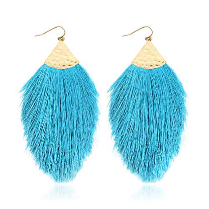 Bohemian Silky Thread Fan Fringe Tassel Statement Earrings - Lightweight Strand Feather Shape Dangles - color: Feather Fringe - Aqua Blue