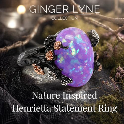 Henrietta Gothic Opal Ring for Women, Fantasy Promise Ring by Ginger Lyne | Simulated White Fire Opal, Cubic Zirconia Black Rose Gold Plated Bold Jewelry Statement Piece For Engagements, Gifts & Events - color: Purple