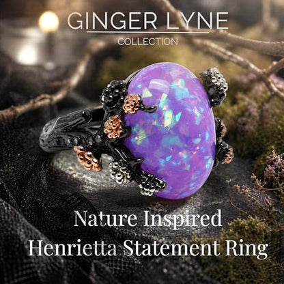 Henrietta Gothic Opal Ring for Women, Fantasy Promise Ring by Ginger Lyne | Simulated White Fire Opal, Cubic Zirconia Black Rose Gold Plated Bold Jewelry Statement Piece For Engagements, Gifts & Events - color: Purple