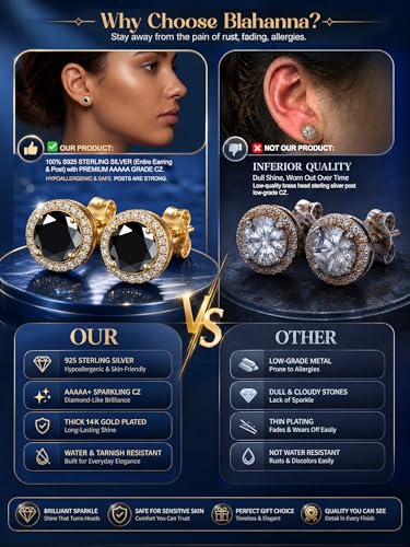 2 Pairs S925 Sterling Silver Stud Earrings for Women Halo Cubic Zirconia | 14K Gold Plated Hypoallergenic Non Tarnish Round Square Silver Stud Earring for Women Men Dainty Trendy Jewelry - style: Gold-Black Stone