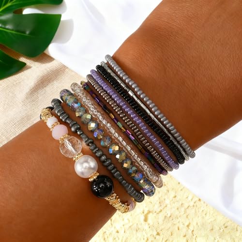 Handmade Stackable Rice Seed Beaded Ball Bracelets set for women, Romantic Boho Trendy Acrylic Glass Stretch Accessories Multi Layer Jewelry, Daily Wear Party Holiday Friendship Gift - color: Black