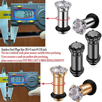 Gabry&jwl 6Pcs Lightweight Ear Gauges Plugs Ear Tunnels 2G 4G 6G 8G 6mm 5mm 4mm 3mm 316L Stainless Steel Body Piercing Plugs Prong Set CZ Ear Stretcher Expander Plugs with Rubber O-Rings - style: D01:3Pairs(8G=3mm)