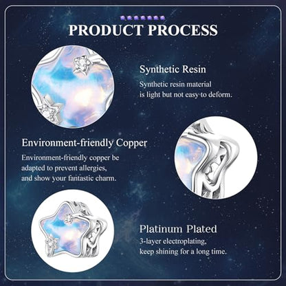 Celestial Bead Charms for Bracelets, Star Moon Dreamcatcher Dangle Charms, Silver Tone Copper, Glass Resin CZ Accents, Charm Beads for Women Jewelry Making, Gift Box Included - color: Opal Star Bead Charm