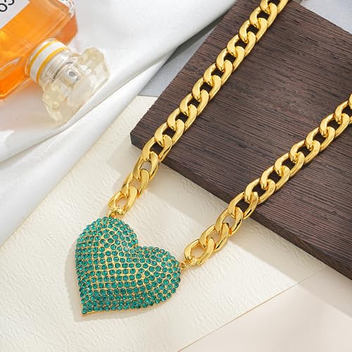 Gold Cuban Link Chain Necklace with Red Crystal Heart Pendant, Statement Chunky Curb Link Chain，Fashion Jewelry for Women - color: Green