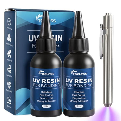 UV Resin with Light 100g,Fast Curing & Bonding UV Resin and 395nm UV Flashlight for Beginner,UV Glue for Bonding Jewelry,Plastic and Glass Repairs（50g*2） - size: 100g