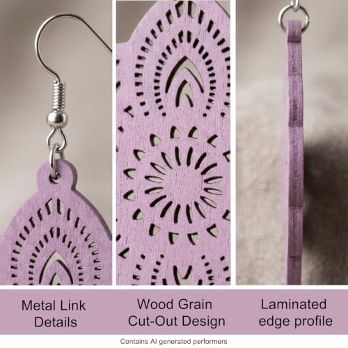 Boho Black Filigree Dangle Earrings for Women, Lightweight Hollow Lace Drop, Wood, 3.34" x 1.69", Bohemian Jewelry - color: Light Purple