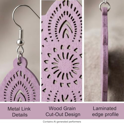 Boho Black Filigree Dangle Earrings for Women, Lightweight Hollow Lace Drop, Wood, 3.34" x 1.69", Bohemian Jewelry - color: Light Purple
