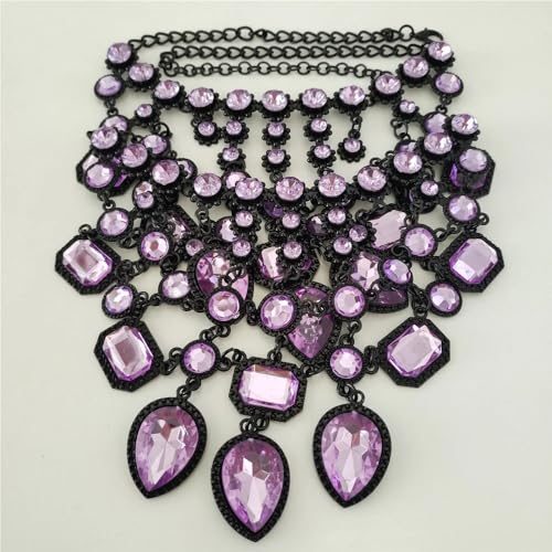 925 Sterling Silver Bib Jewelry Sets For Women - ZA Indian Ethnic Round Water Drop Crystal Tassel Necklace Earrings Jewelry Sets Statement Large, Chunky Rhinestone Necklace - color: Purple - Bib Necklace