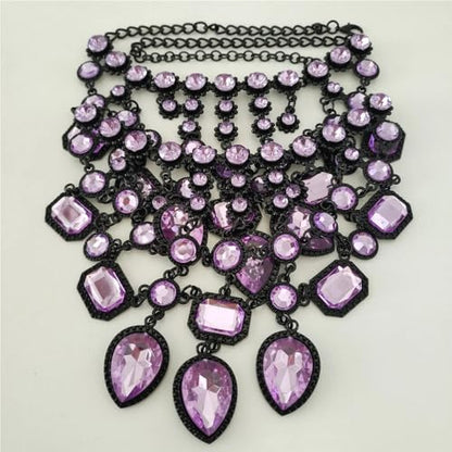925 Sterling Silver Bib Jewelry Sets For Women - ZA Indian Ethnic Round Water Drop Crystal Tassel Necklace Earrings Jewelry Sets Statement Large, Chunky Rhinestone Necklace - color: Purple - Bib Necklace