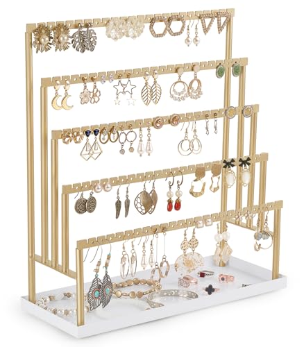 Mkono 5-Tier Earring Holder Organizer, Gold Jewelry Display Stand with Tray | 112 Pairs Ear Stud Hanger, Storage Bracelet Rings ,Anti-Tip Metal Rack, Vanity & Counter Use, Home Room Decor, Gift for Women