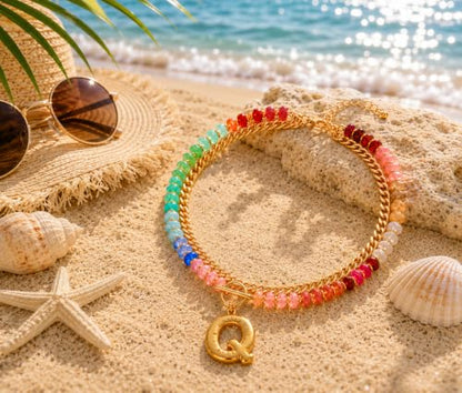 Colorful Beaded Bubble Letter Necklace For Women, Boho Double Layer Dopamine Rainbow Resin Beads Thick Cuban Chain Chunky With Initials Pendant Necklaces Summer Beach Jewelry Gift ﻿ - color: Dop Q